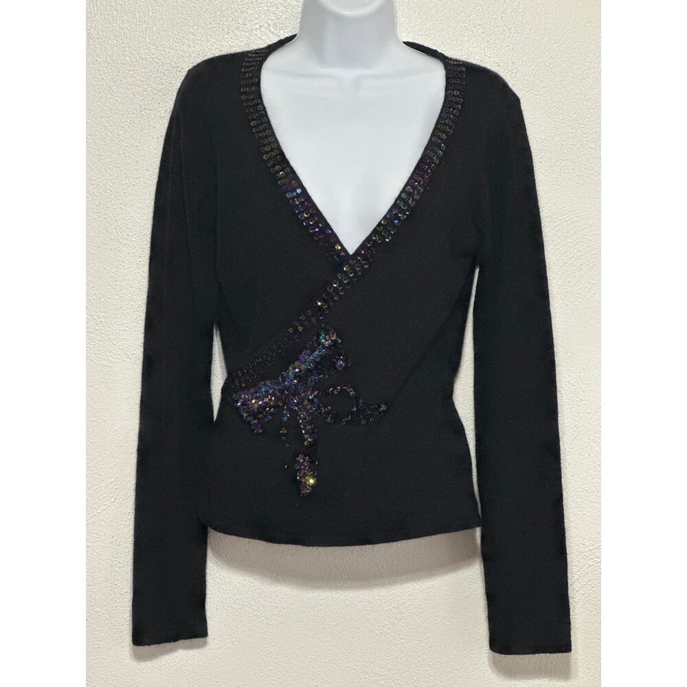 Trina Turk Sequin Bow Wrap Sweater M Black Wool Blend Designer Holiday Going Out